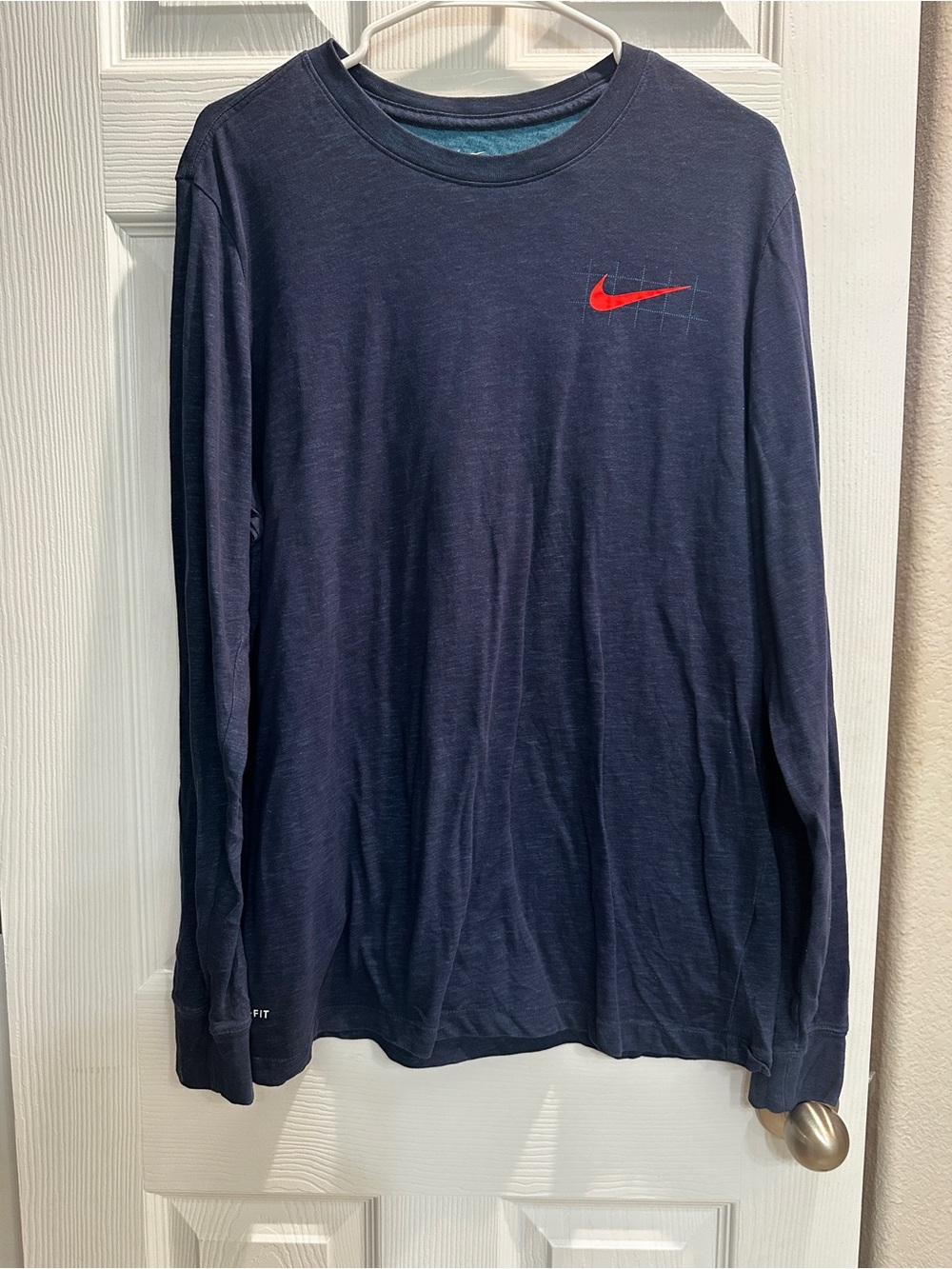 Nike Navy Long-Sleeve Crew Tee with Red Swoosh